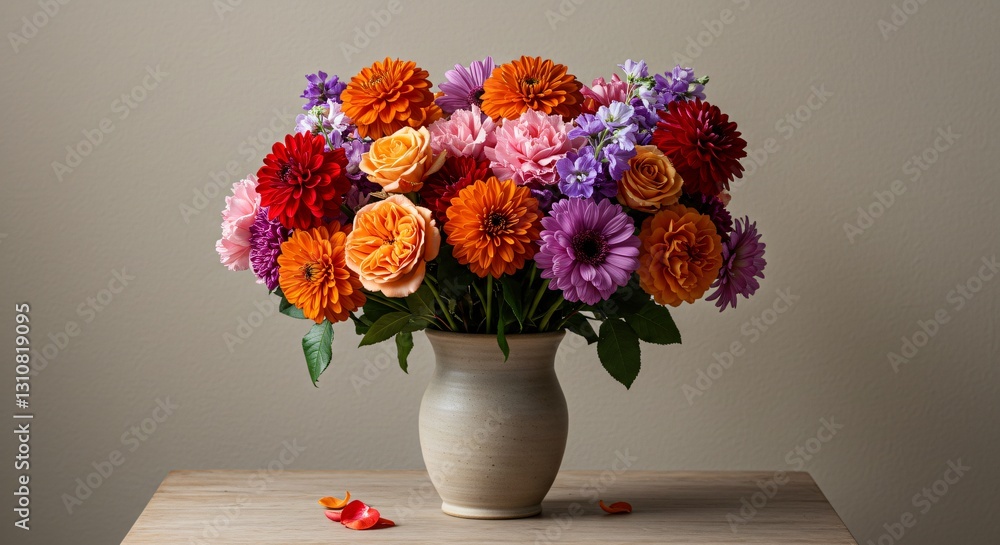 A stunning bouquet of vibrant flowers, including roses, dahlias, and gerberas, elegantly arranged in a ceramic vase on a wooden table against a neutral background. A stunning bouquet of vibrant flowers, including roses, dahlias, and gerberas, elegantly arranged in a ceramic vase on a wooden table against a neutral background.