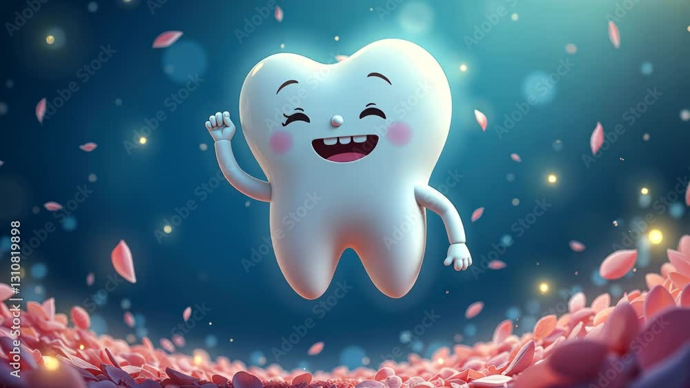 Tooth Character with a Smile and Arms Raised in a Field of Flowers Tooth Character with a Smile and Arms Raised in a Field of Flowers