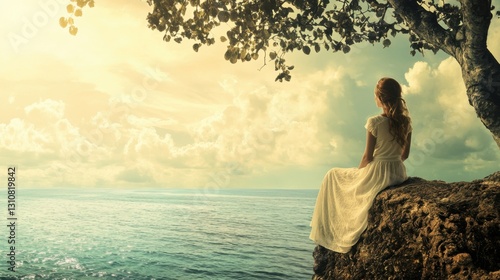 woman in white dress sitting on cliff overlooking ocean