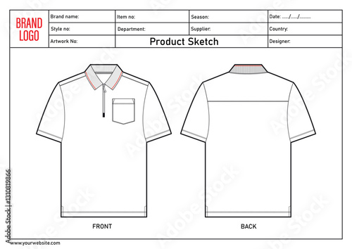 Polo shirt technical drawing template with tech pack details