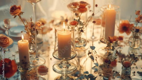 romantic candlelight dinner setting adorned with elegant flowers and soft lighting creates magical atmosphere. flickering candles and delicate blooms enhance enchanting ambiance