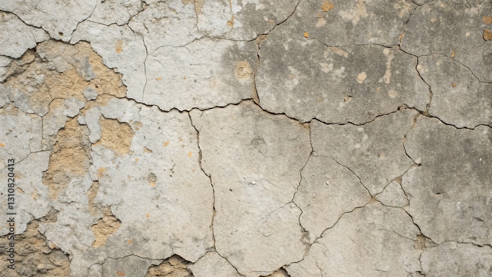 Obraz premium A close-up of a cracked and weathered wall surface, showcasing a textured pattern of deterioration and age.