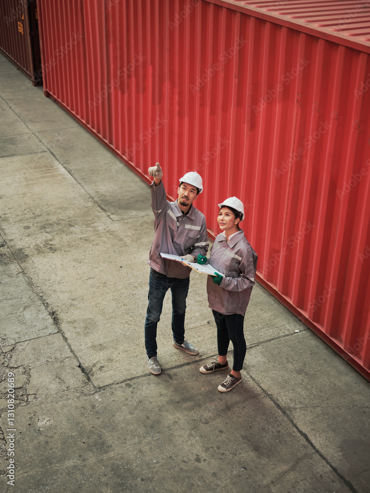 A team of engineers talks to managers at the Container cargo .