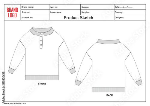 Sweatshirt technical drawing vector illustration template for kids with tech pack details