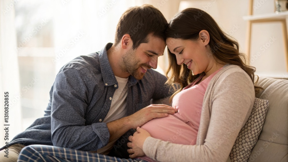 Fototapeta premium A couple shares a tender moment as they embrace the joys of impending parenthood, with the woman cradling her pregnant belly.