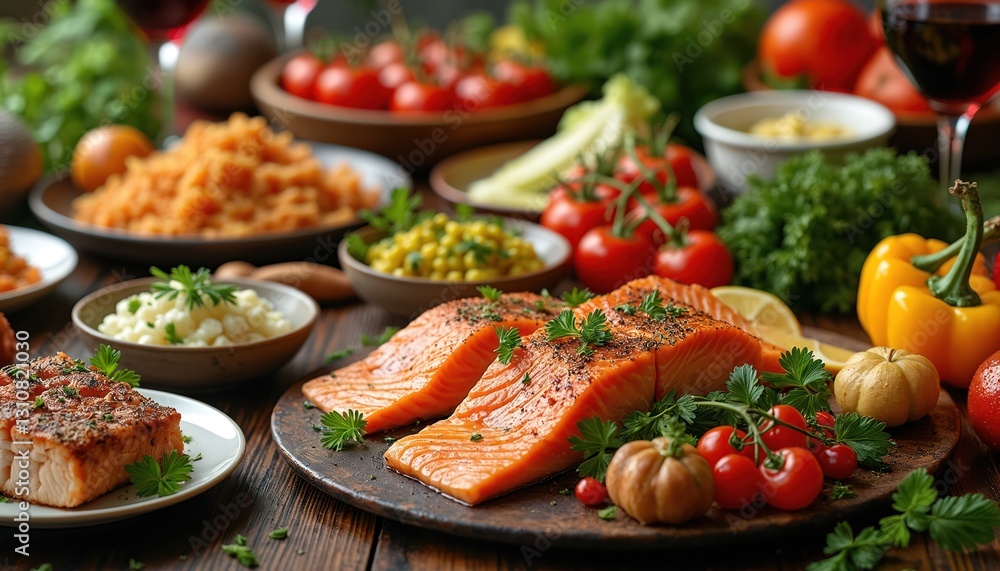 Culinary composition of fresh ingredients, cooked salmon, vegetables, herbs on wooden table. Organic dish includes tomatoes, pepper, asparagus, fruit, wine. Healthy food presentation. Elegant tasty Culinary composition of fresh ingredients, cooked salmon, vegetables, herbs on wooden table. Organic dish includes tomatoes, pepper, asparagus, fruit, wine. Healthy food presentation. Elegant tasty