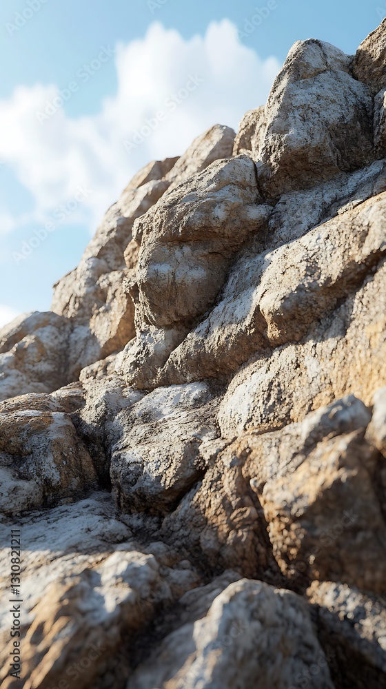 Close-up of a rocky surface with various textures and colors under a clear sky.