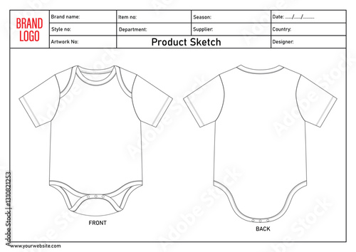 Romper bodysuit technical drawing fashion flat sketch vector illustration template with tech pack details