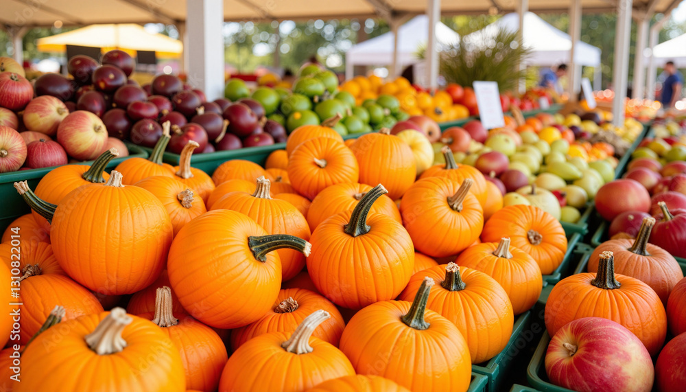 Obraz premium Colorful pumpkins at a bustling farmers market