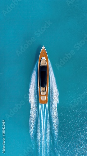 Aerial view of a luxury yacht cruising over vibrant blue waters, showcasing elegance and adventure on the sea.