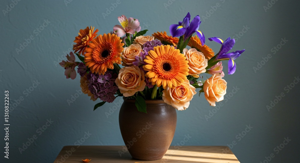 Fototapeta premium A vibrant floral arrangement in a rustic brown vase, featuring orange gerbera daisies, peach roses, and purple irises, set against a muted blue background with soft natural lighting.