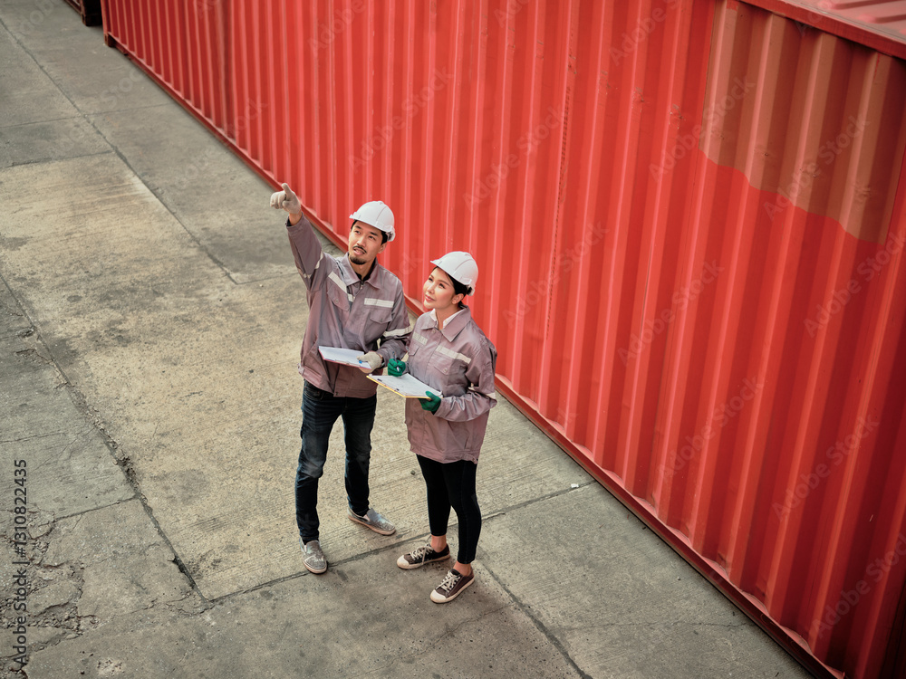 A team of engineers talks to managers at the Container cargo .