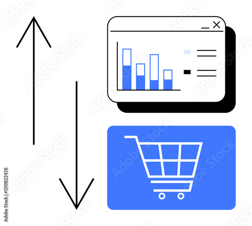 Upward and downward arrows alongside bar chart and shopping cart depict growth trends, data analysis, and e-commerce. Ideal for business, technology, retail, analytics, marketing, sales strategy