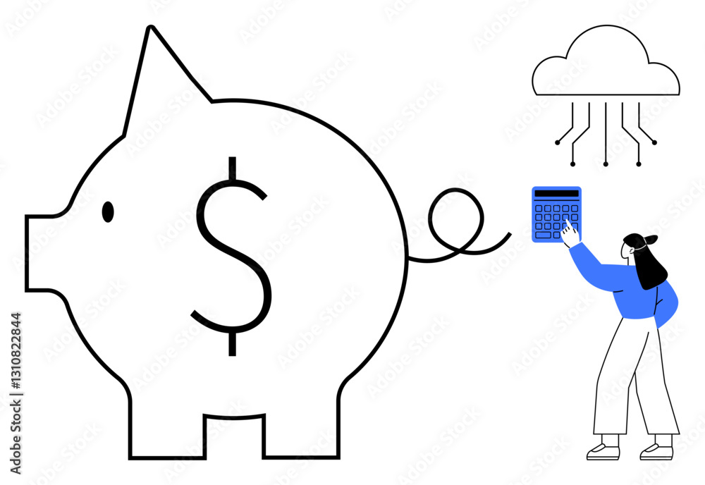 Large piggy bank with dollar sign, woman operating calculator, and cloud connecting to data lines. Ideal for savings, finance, technology, cloud computing, budgeting, digital economy investment Large piggy bank with dollar sign, woman operating calculator, and cloud connecting to data lines. Ideal for savings, finance, technology, cloud computing, budgeting, digital economy investment