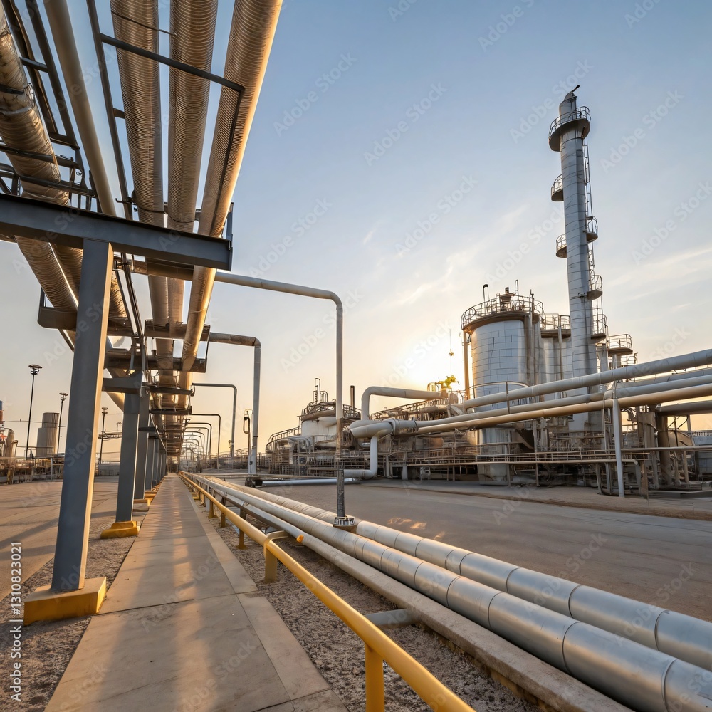 Industrial Refinery Pipes and Equipment at Sunset Oil and Gas Processing Plant