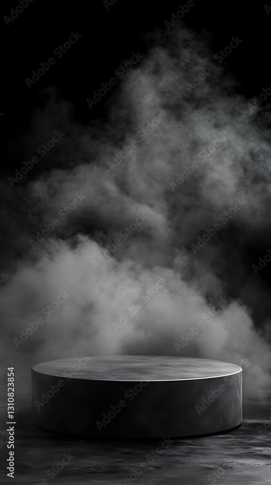 Dark circular podium in smoky background. Dark circular podium in smoky background.