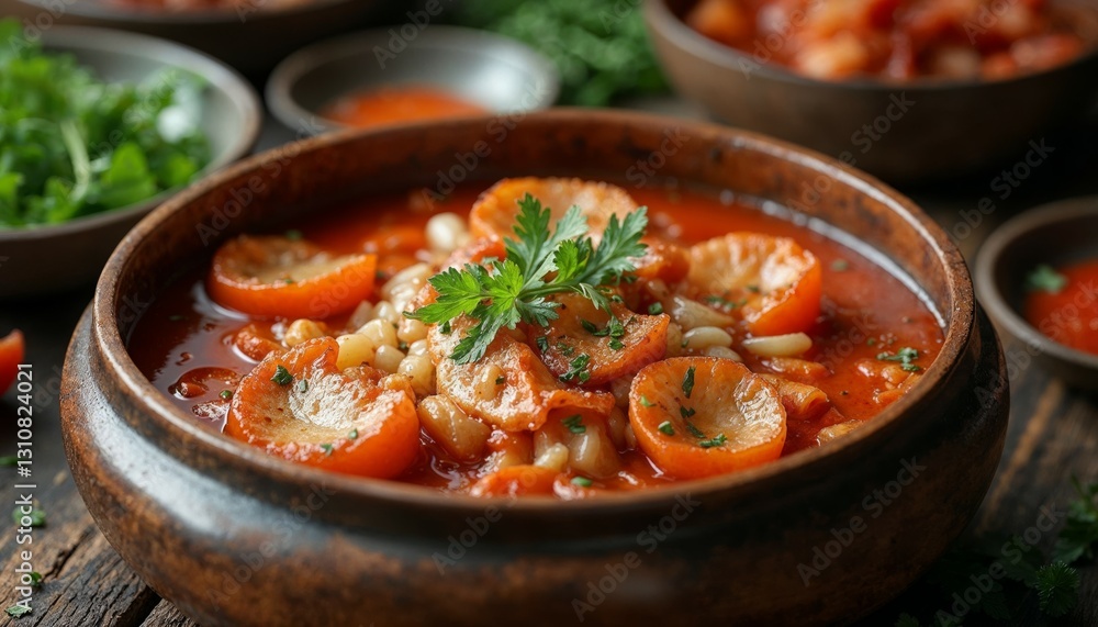 Warm apricot and bean stew presented beautifully in a rustic wooden bowl Warm apricot and bean stew presented beautifully in a rustic wooden bowl