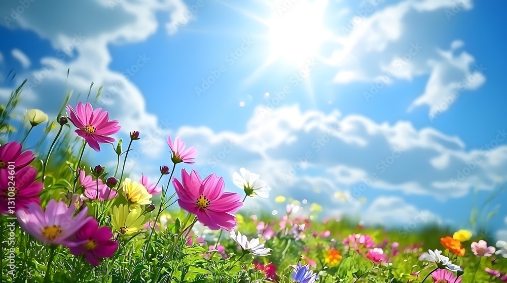 Beautiful bright sunny day with colorful flowers in the field Beautiful bright sunny day with colorful flowers in the field