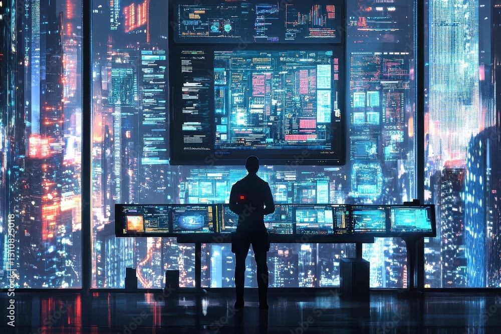 A lone figure stands before numerous screens displaying city data streams at night. Illustrates concepts of futuristic technology, surveillance, or data analysis. A lone figure stands before numerous screens displaying city data streams at night. Illustrates concepts of futuristic technology, surveillance, or data analysis.