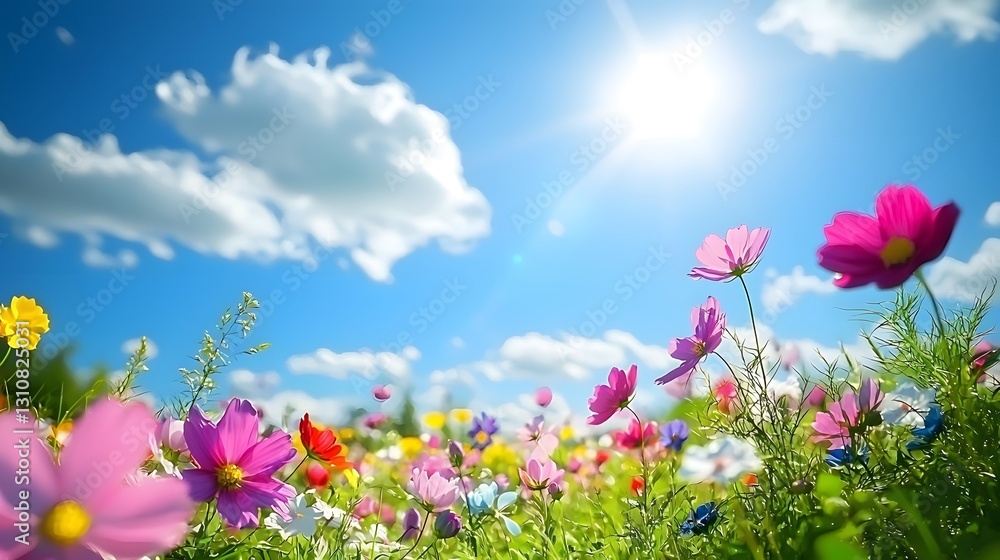 Colorful meadow blooming with wildflowers under bright blue skies Colorful meadow blooming with wildflowers under bright blue skies