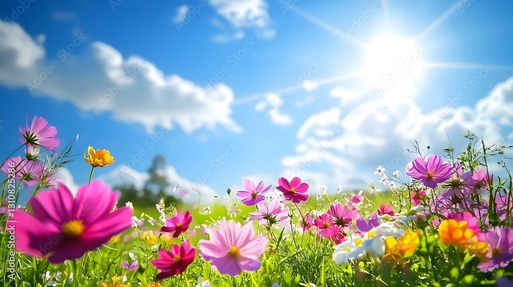 Beautiful sunny day with colorful flowers and blue sky Beautiful sunny day with colorful flowers and blue sky