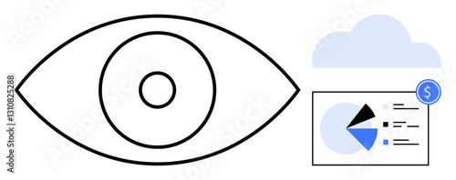 Large eye design beside data visualization with pie chart, cloud graphic, and small dollar icon. Ideal for analytics, finance, data monitoring, cloud computing, marketing security vision. Flat photo