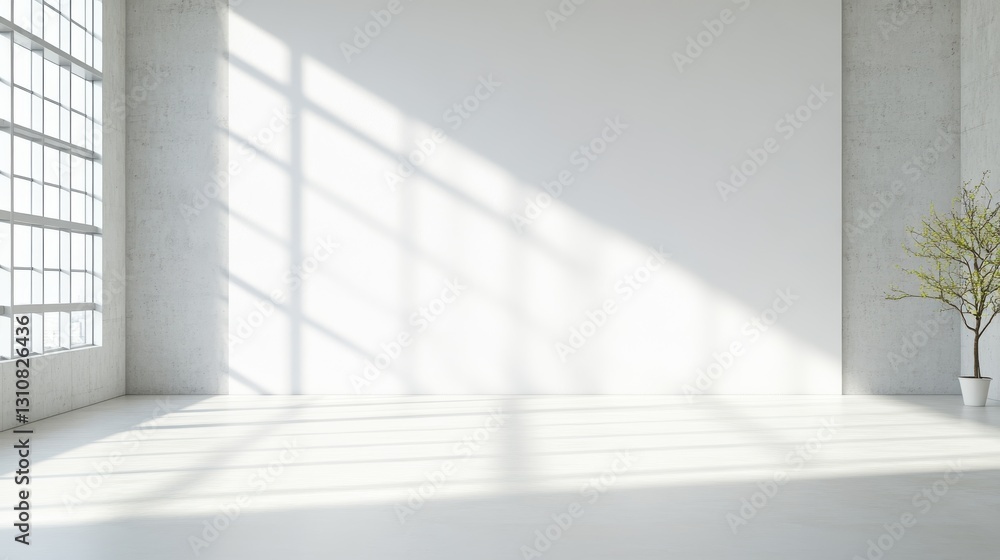 Fototapeta premium Bright minimalist room with large windows casting shadows on the walls and floor.
