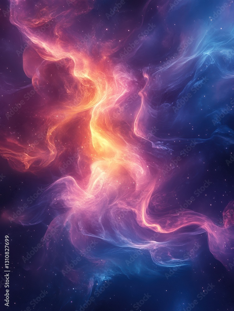 Vertical close-up of nebula, cosmic cloudscape of galaxy with stars. Space background concept. Sci-fi, abstract, universe.