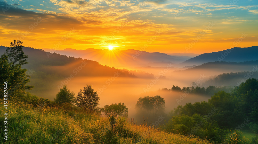 Obraz premium Breathtaking sunrise over misty mountains nature landscape tranquil environment scenic viewpoint serene concept