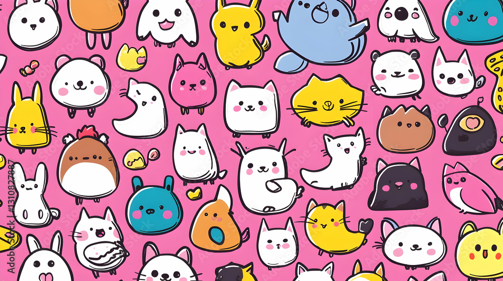 Cute Cartoon Animals in Fun Pattern on Bright Pink Background Cute Cartoon Animals in Fun Pattern on Bright Pink Background