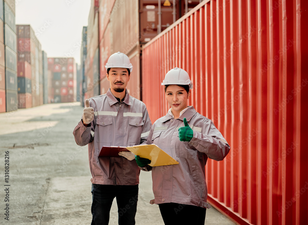 A team of engineers showing thumbs up at the Container cargo .