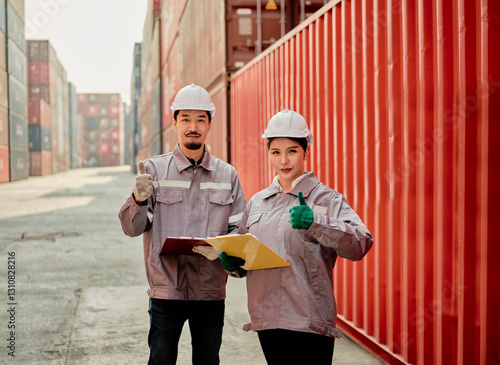 Obraz na płótnie A team of engineers showing thumbs up at the Container cargo . w salonie