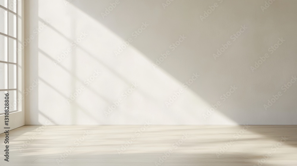 Minimalist empty room with sunlight casting soft shadows on a pale wall, creating a serene atmosphere. Minimalist empty room with sunlight casting soft shadows on a pale wall, creating a serene atmosphere.