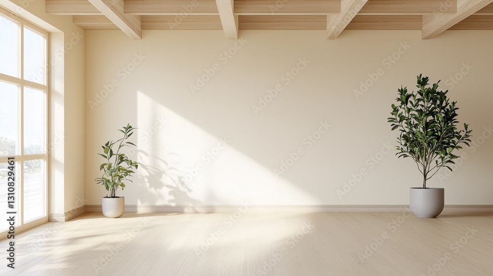 Minimalist interior with large window, wooden floor, and potted plants bathed in warm natural light. Minimalist interior with large window, wooden floor, and potted plants bathed in warm natural light.