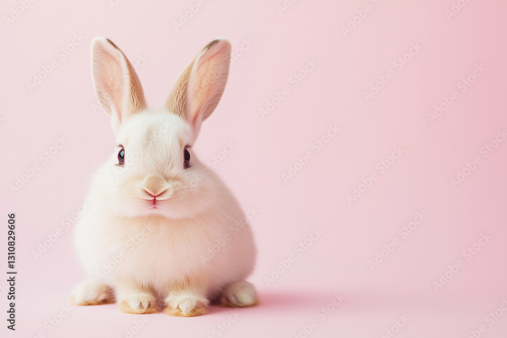 Cute white rabbit sitting on a soft pink background animal photography studio setting calm atmosphere Cute white rabbit sitting on a soft pink background animal photography studio setting calm atmosphere