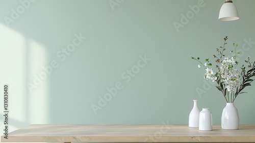 Wallpaper Mural Minimalist interior with wooden table, vases, and soft lighting. Calming and elegant design aesthetic in soft tones. Torontodigital.ca