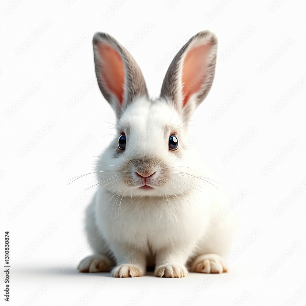 Obraz premium Adorable fluffy white rabbit sits isolated on transparent background. Cute pet with fur, whiskers, paws. Mammal wildlife animal. Easter bunny. Domestic rodent, studio shot of young hare, baby rabbit.