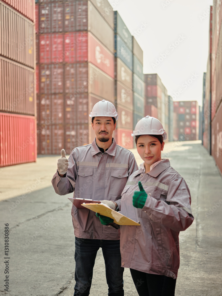 A team of engineers showing thumbs up at the Container cargo .