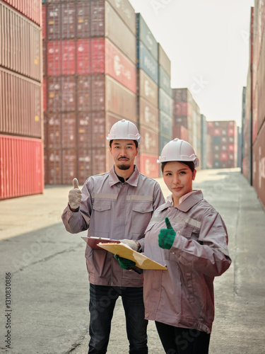 Obraz na płótnie A team of engineers showing thumbs up at the Container cargo . w salonie