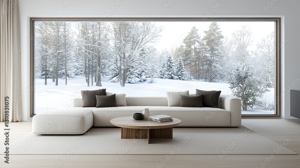 Minimalist living room with large window view of a serene snowy forest landscape, emphasizing modern interior design. Minimalist living room with large window view of a serene snowy forest landscape, emphasizing modern interior design.