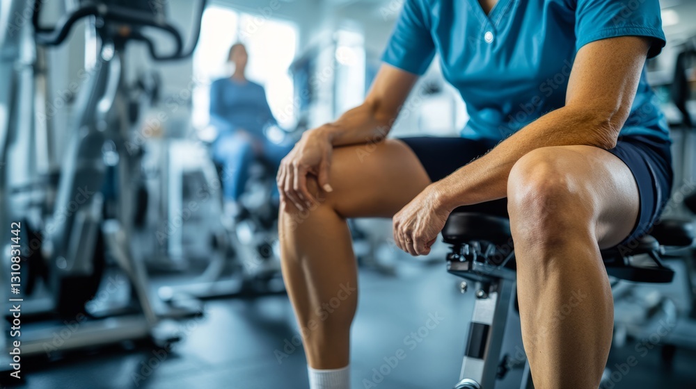 Realistic physiotherapy rehabilitation with a patient using an exercise bike to improve knee mobility Realistic physiotherapy rehabilitation with a patient using an exercise bike to improve knee mobility