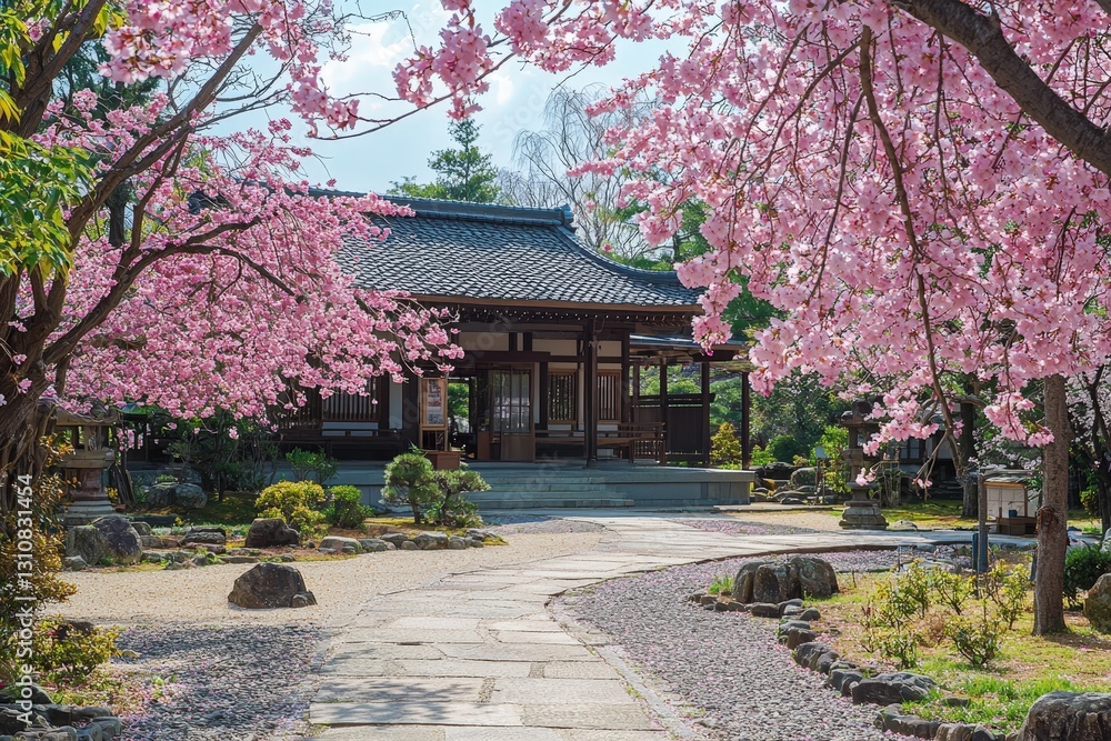 Flock of Japanese Robins Perched Among Cherry Blossom Trees in Tranquil Japanese Garden Flock of Japanese Robins Perched Among Cherry Blossom Trees in Tranquil Japanese Garden