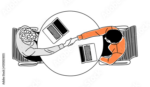 Business meeting, partnership concept top view illustration. Business scene of two men working together, shaking hands overhead view. Modern vector simple outline drawing Isolated