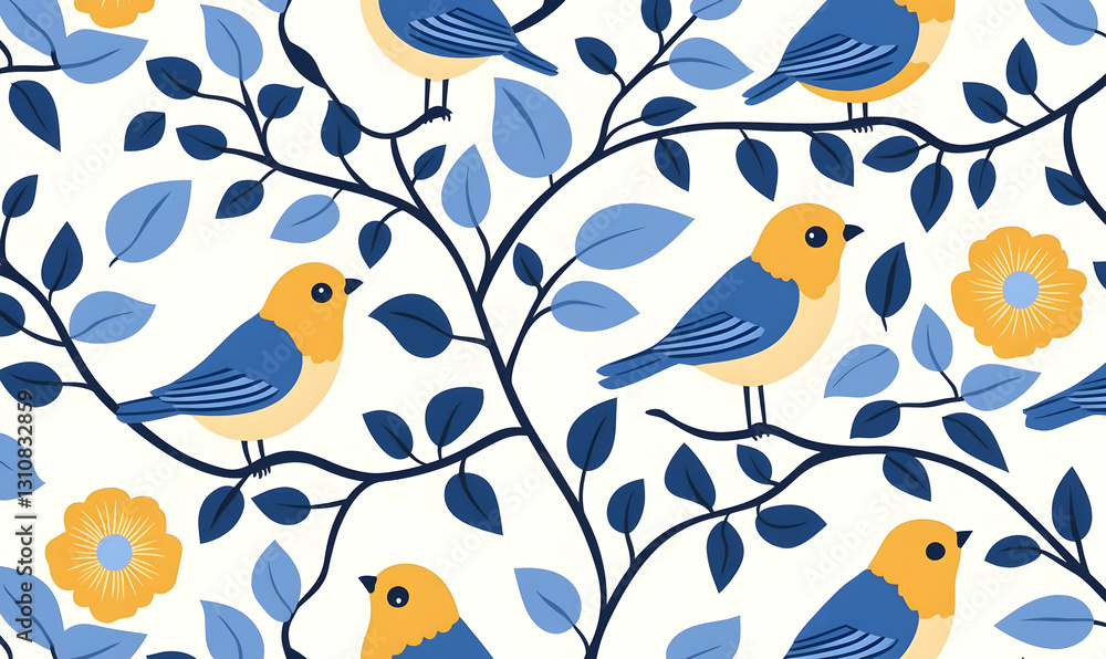 Fototapeta premium Colorful Birds and Floral Patterns on a Light Background Design