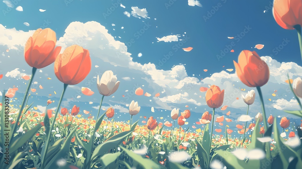 An upward perspective of colorful tulips swaying in the breeze An upward perspective of colorful tulips swaying in the breeze