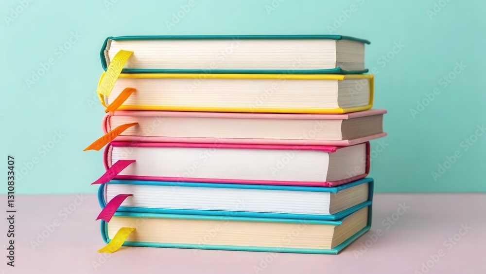 virtual classroom education with accessibility Concept Stack of colorful books with bookmarks against a light background. virtual classroom education with accessibility Concept Stack of colorful books with bookmarks against a light background.