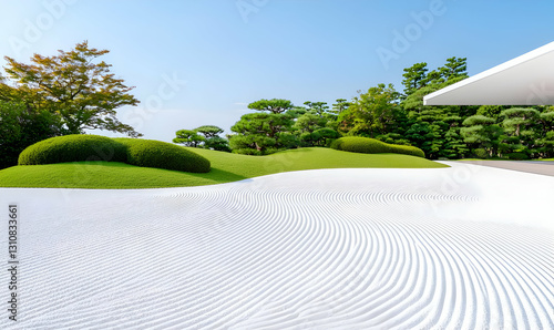 Serene Zen Garden with Raked Sand and Lush Greenery Under Blue Sky