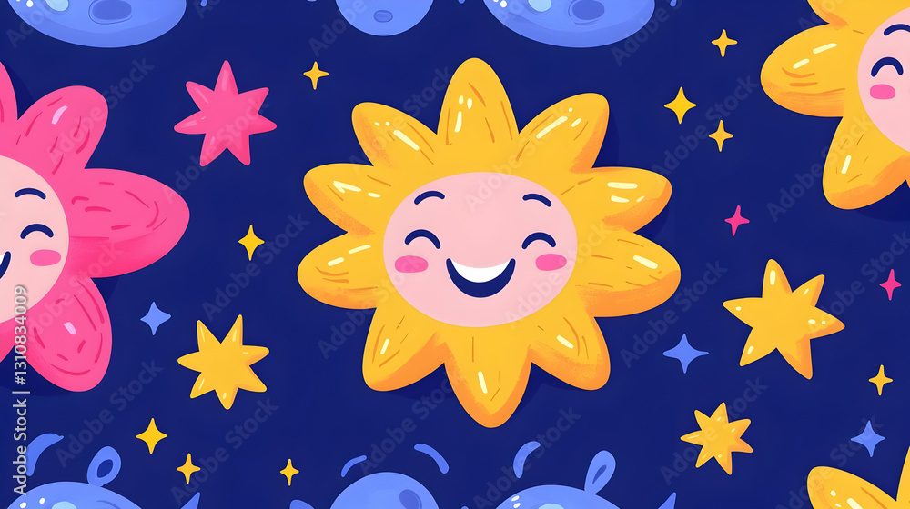 Cheerful Cartoon Sun Pattern with Stars on Dark Blue Background Cheerful Cartoon Sun Pattern with Stars on Dark Blue Background