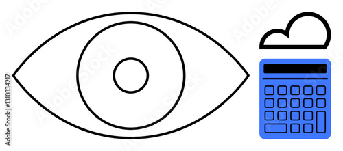 Eye outline next to blue calculator with cloud, representing observation, technology, cloud storage, and analysis. Ideal for data security, surveillance, connectivity, finance technology analytics