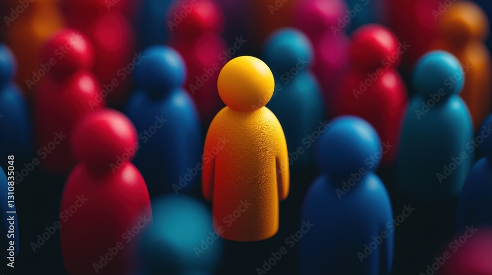 Unique Yellow Figure Among Colorful Crowd of Toy Figurines Unique Yellow Figure Among Colorful Crowd of Toy Figurines